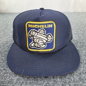 Vintage Michelin Man Trucker Hat Navy Blue Mesh Made USA Adjustable Snapback